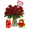 12 Red Roses, no vase, with balloon, chocolate and a bear.