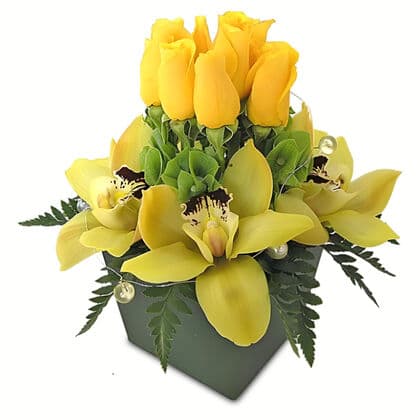 Cymbidium and Roses In Black Vase