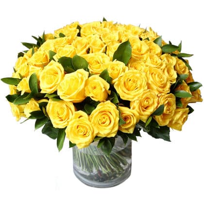 100 Premium Long-Stemmed Yellow Roses In a Vase