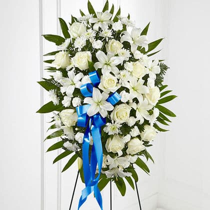 The FTD Exquisite Tribute Standing Spray-Blue Ribbon