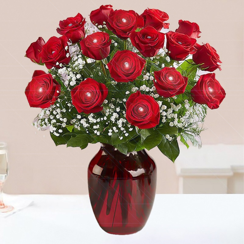 Red Roses with Diamond Pin Decoration Vase Arrangement