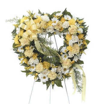 White and Yellow Sympathy Heart Shaped Standing Wreath