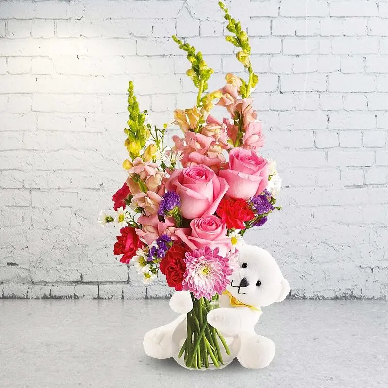 Bear Hug Flower in a Vase with Pink Roses
