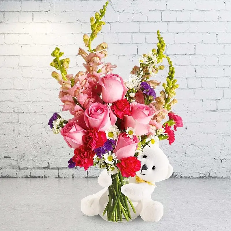 Bear Hug Flower in a Vase with Pink Roses