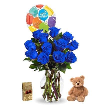 Happy Birthday Blue Roses Vase Arrangement