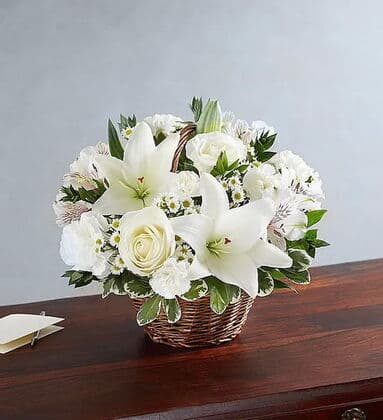 Blessings All White Floral Basket Arrangement