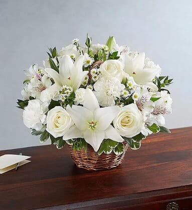 Blessings All White Floral Basket Arrangement
