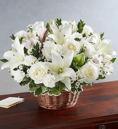 Blessings All White Floral Basket Arrangement