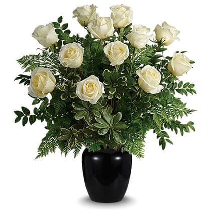 White Roses Arranged in a Black Vase