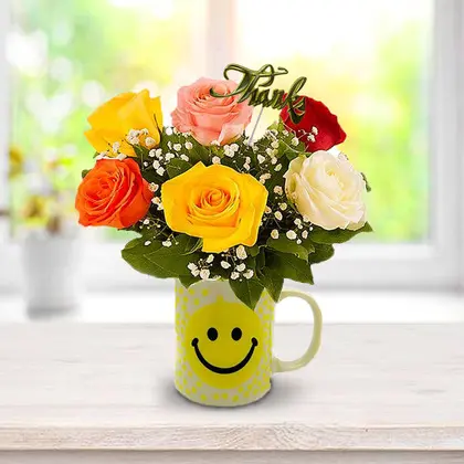 Colourful Thanks Roses in Smiley Mug
