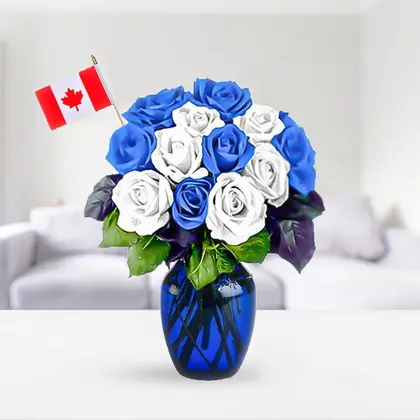 The Blue Jay White and Blue Roses in a Vase