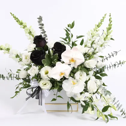 White Orchids and Black Roses Sympathy Flower Box