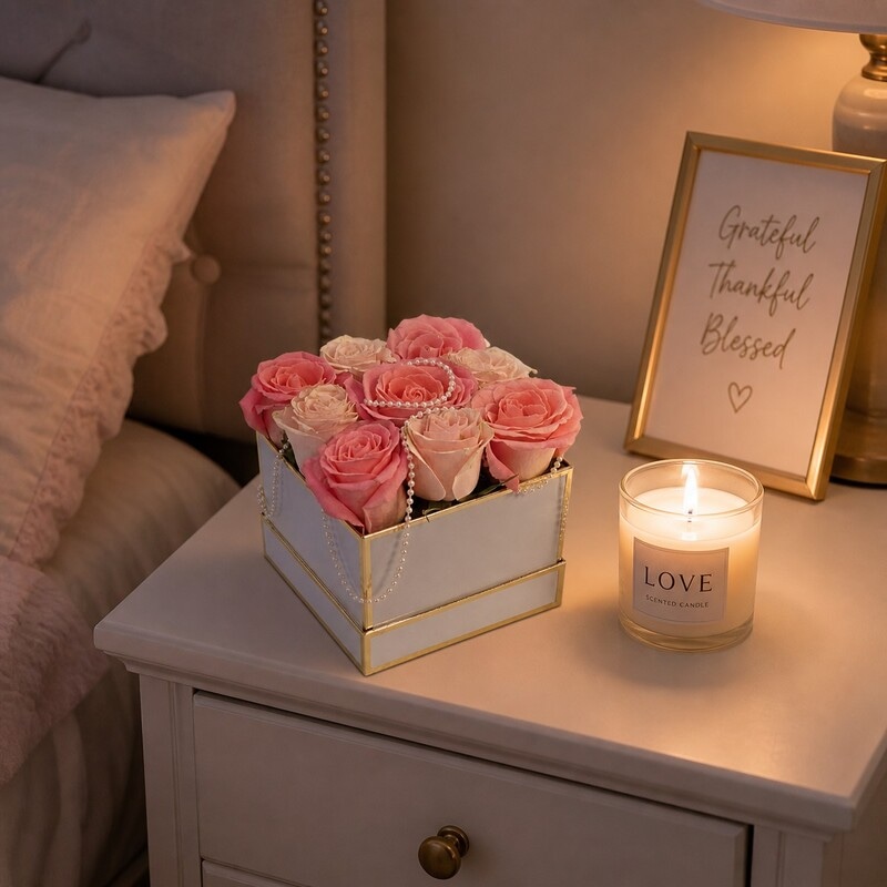 Pink Rose with Pearls Flower Box