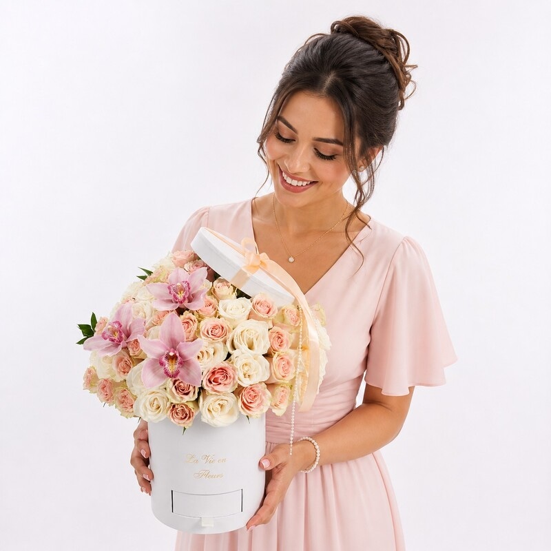 Luxury White and Pink Roses Flower Box