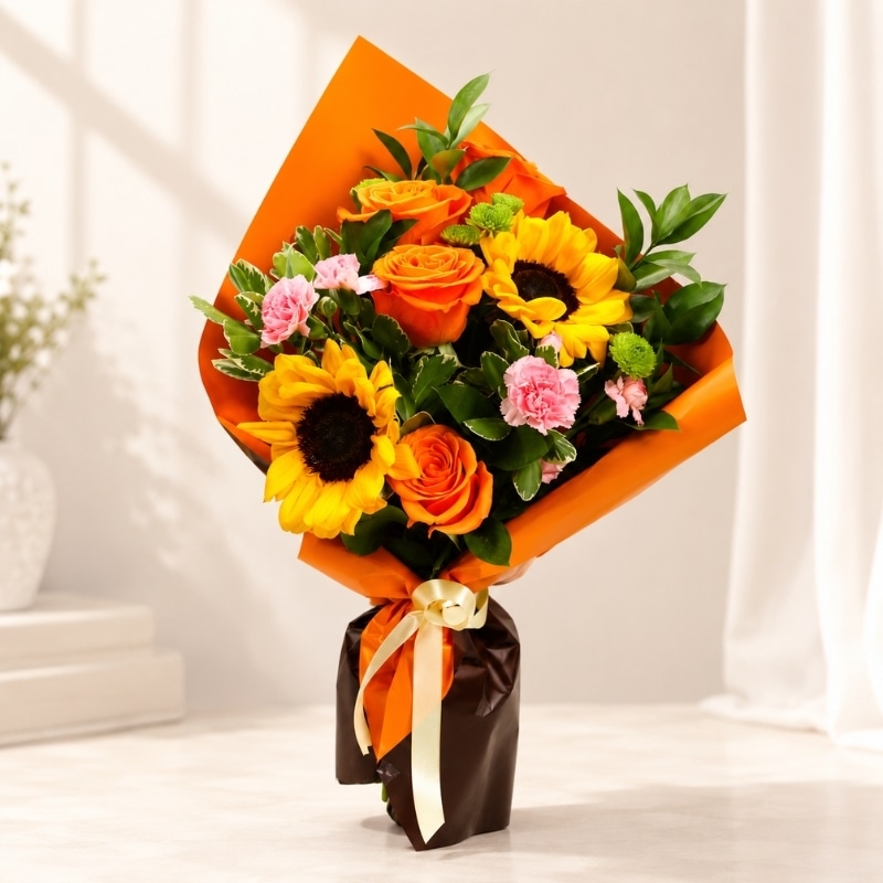 Bright Sunflower and Rose Bouquet