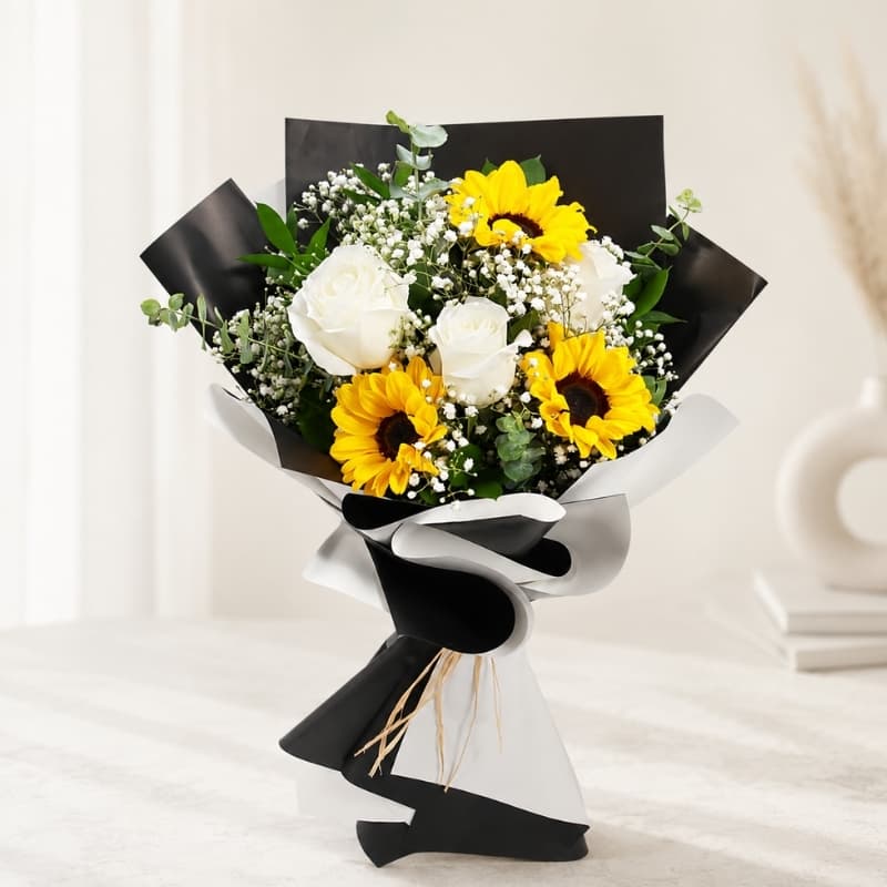 Sunflower and White Rose Luxury Bouquet