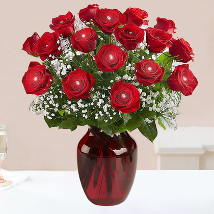 Red Roses with Diamond Pin Decoration Vase Arrangement