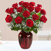 18 Red Roses with baby's breath-Red Vase