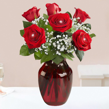 Red Roses with Diamond Pin Decoration Vase Arrangement