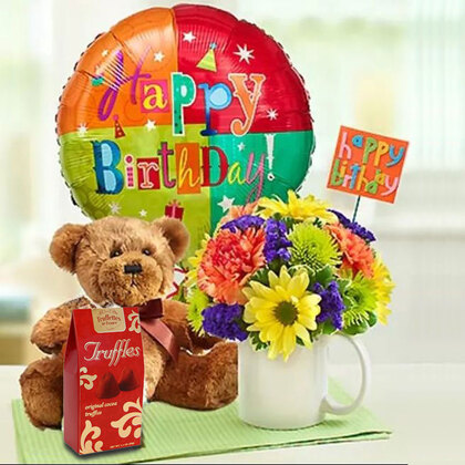 Happy birthday teddy online bear and flowers