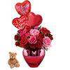 Heart Flower Vase, 3 Heart Balloons, Plush Animal