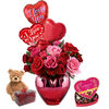 Heart Flower Vase, 3 Heart Balloons, Plush Animal, Chocolate and Rose Petals
