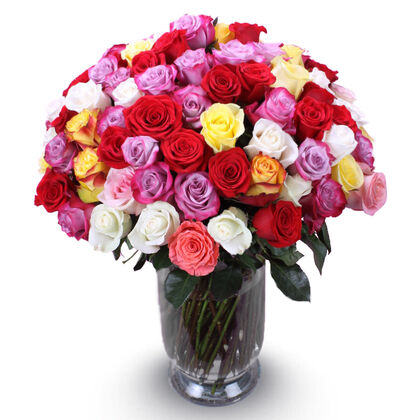 100 Mix Color Long Stemmed Roses in a Vase