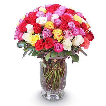100 Mix Color Long Stemmed Roses in a Vase