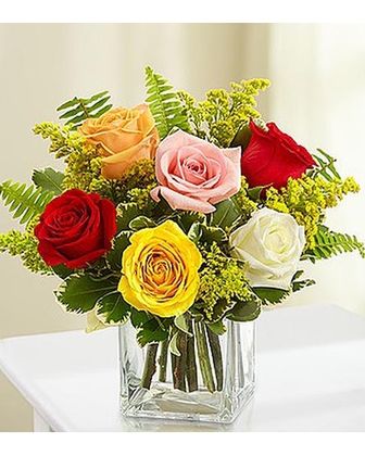 Mix Color Roses in a Cube Vase