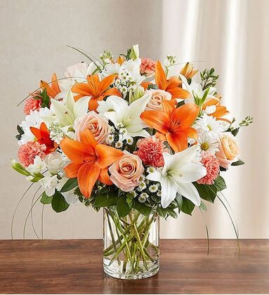 Peach, Orange & White Flower Gathering Arranged In A Vase