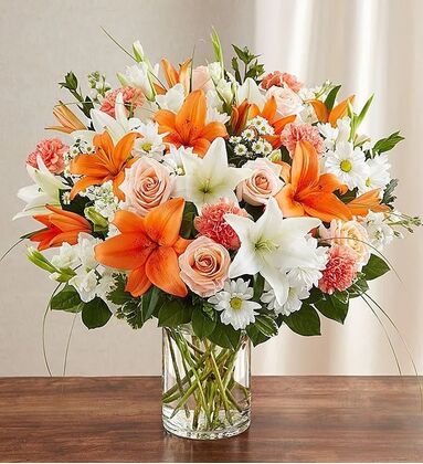 Peach, Orange & White Flower Gathering Arranged In A Vase