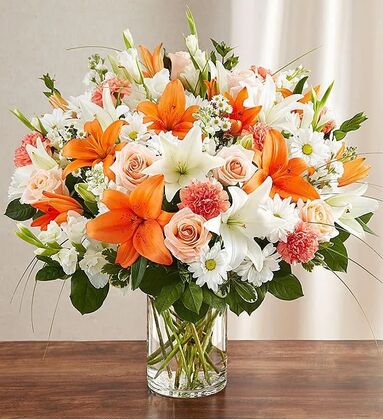 Peach, Orange & White Flower Gathering Arranged In A Vase