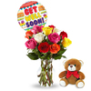 12 Stems With Vase, Balloon, Bear