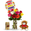 12 Stems With Vase, Balloon, Bear, Chocolate