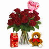 Dozen Red Roses, Balloon, Chocolate and a Bear