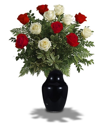 Red and White Roses in Black Vase