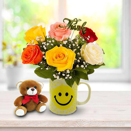 Colourful Thanks Roses in Smiley Mug
