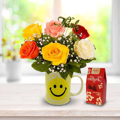 Colourful Thanks Roses in Smiley Mug