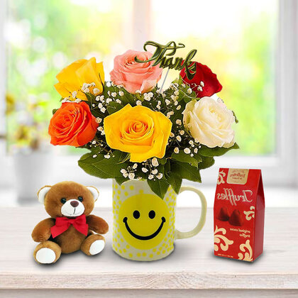 Colourful Thanks Roses in Smiley Mug