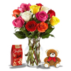 12 Assorted Roses, Vase, Teddy Bear and Chocolate