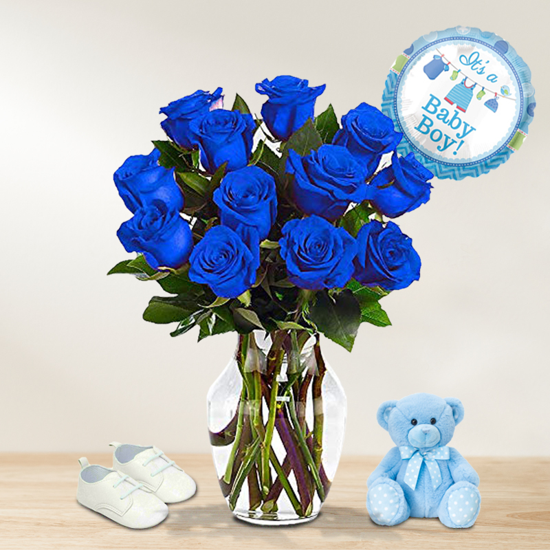 It's A Baby Boy! Dozen Blue Roses In A Vase a9634 Flower