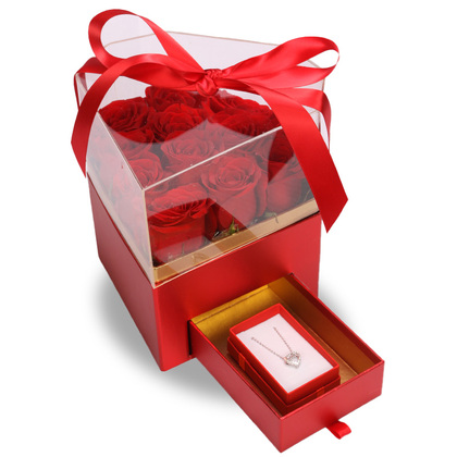 Red Roses & Heart Necklace in Luxe Diamond Box