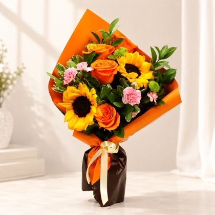 Bright Sunflower and Rose Bouquet